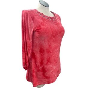 New Directions Pink Marble Tunic Lace-Up Neckline Grommet Stitched Design M NWOT